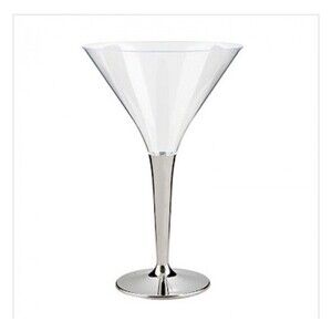 24 Pc Disposable Martini Clear Glasses Plastic Champagne Silver Stem 5oz